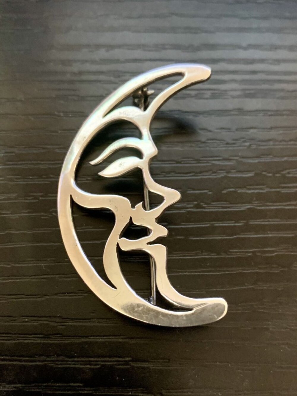 Vintage 925 Sterling Silver Crescent Moon Face Brooch Pin Celestial Boho 8.61g